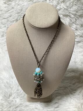 Pam Hiran Vintage Brass Mixed Media Turquoise Pendant Necklace F18-33
